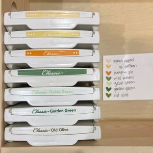 7 stampin up ink pads (yellow/orange/green)